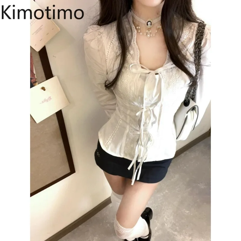 Kimotimo White Long Sleeve Shirt Women Korean Chic Elegant Bandage Slim Waist Lace Patchwork Blouse Sweet Fashion Y2k Top Blusas