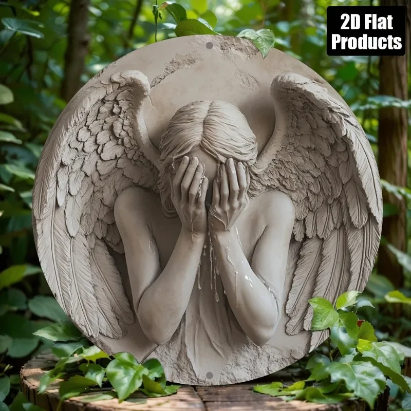 Vintage Weeping Angel 2D Metal Wall Art, 8x8 Inch Round Iron Sign for Home Office Bar Kitchen