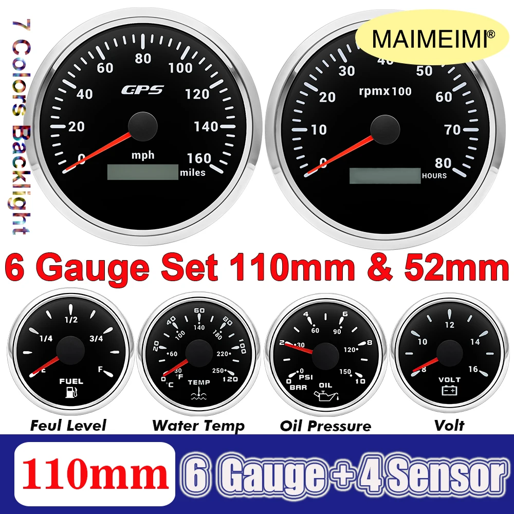 110mm GPS Speedometer 160MPH 0~8000rpm Tachometer Meter 7 Color 52mm Fuel level Water temp Oil press Volt Sensor Kit 6 Gauge Set