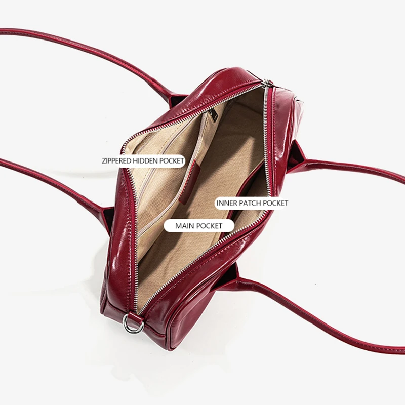 Genuine Leather Bowling Bag Women Y2K Vintage Shoulder Bag Retro Baguette Underarm Purse Soft Oil Waxed Leather Handbag