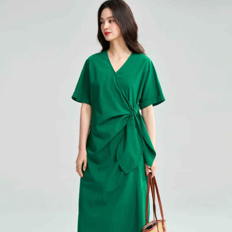 

Women Green Lyocell Dresses Summer Design Sense French Temperament V-neck Cross-tie Wrap-around Waist Short-sleeved Irregular