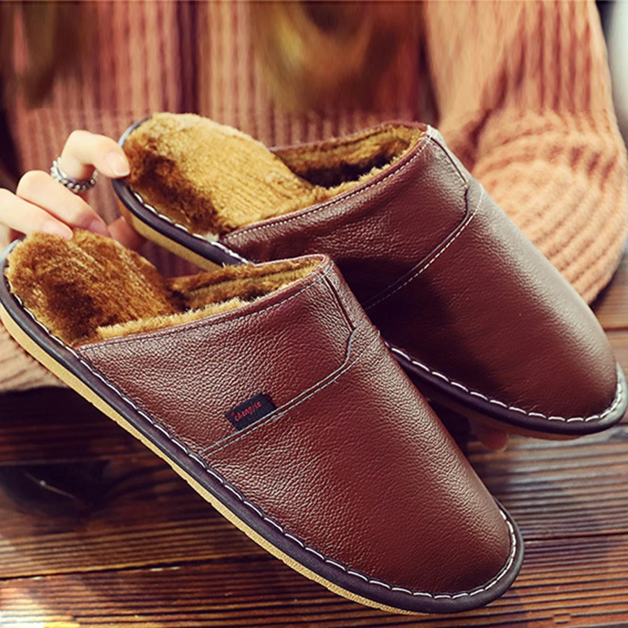 Winter Indoor Non-slip Home Slippers For Men Warm Plush Thick Sole Leather House Slides High Quality Bedroom Slipper Male