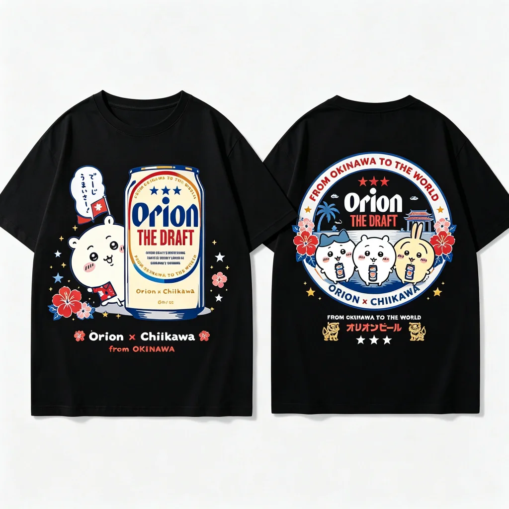 Kawaii Anime Summer Vacation Aesthetic Chiikawa Orion Beer Okinawa Collab Print Cotton Men Women Universal Crew Neck T-Shirt