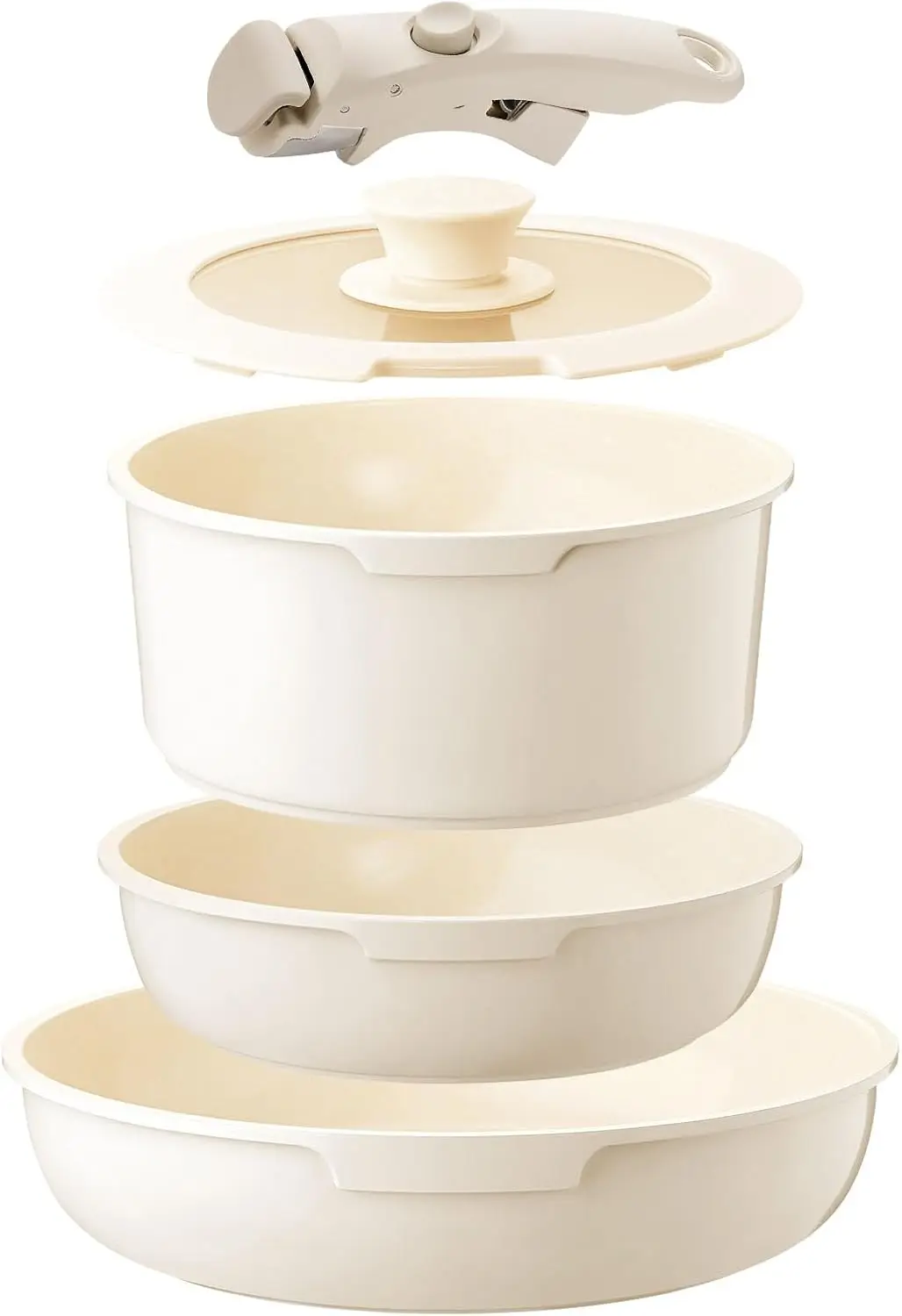 

5 Piece White Ceramic Non Stick Cookware Set with Detachable Handles Induction Safe PFOA PTFE Free