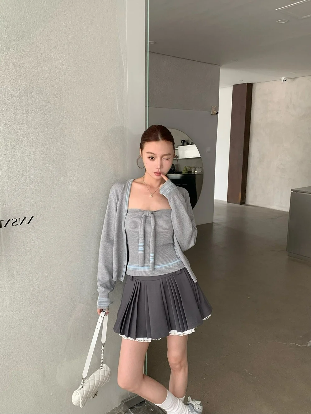 

Sweet Sle Knot Wrap Chest Tank Top Women Loose Knitted Open Cardigan Top Two Piece Set Polyester Fiber Long Sv...