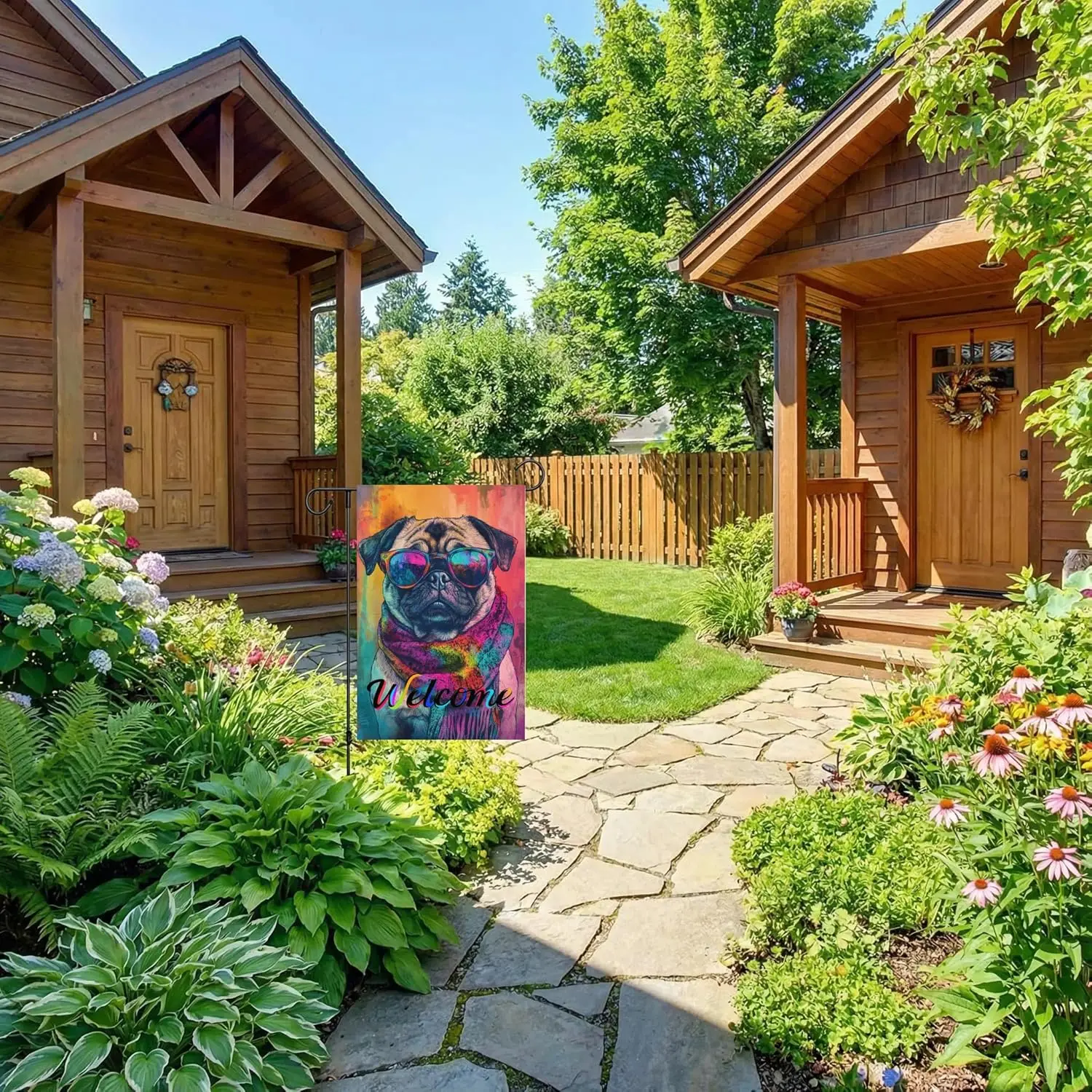 Welcome Pug Dog Garden Flag Double Sided Durable 12X18 Inch Yard Flag, Watercolor Dog Wearing Sunglasses Scarf Fade Resistan ZZM
