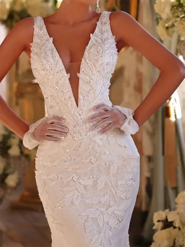 Vestidos de novia clásicos con cuello en V, apliques sin mangas, sirena, vestidos de novia personalizados