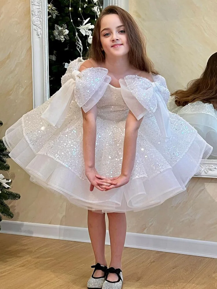 Robes de soirée moelleuses à gros nœud pour filles, tutu de princesse perlé à paillettes blanches, robe de demoiselle d'honneur en tulle à paillettes, 2024