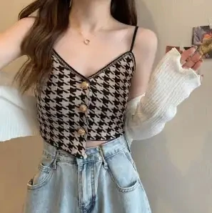 

New design niche short top retro herringbone knitted women's vest fashionable casual 2025 summer new women's clothing