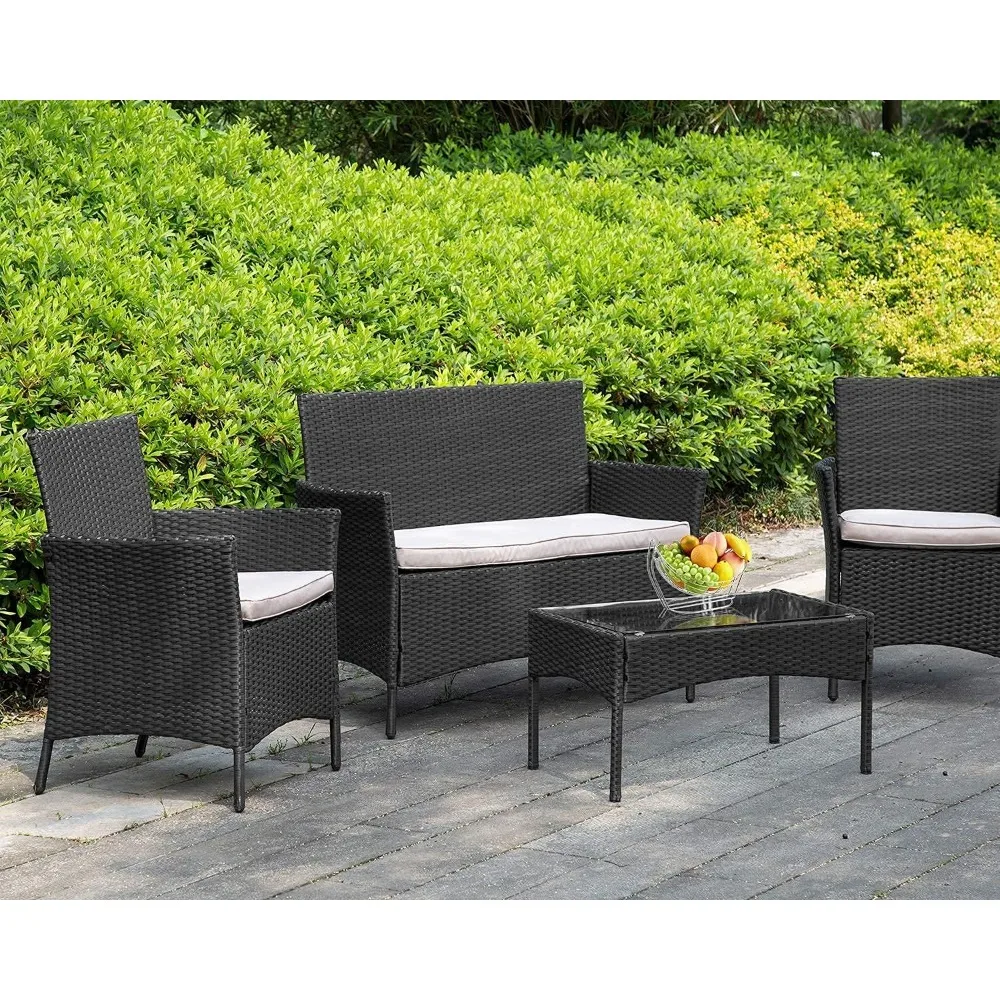 مجموعة Rattan Furniture Wicker Chair Patio Bristo للاستخدام الداخلي الخارجي مع طاولة قهوة Loveseats، وسادة كاكي، 4 قطع