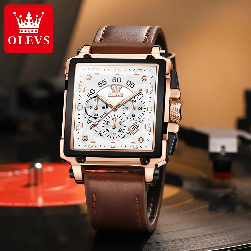 OLEVS Luxury Fashion Men's Watches Leather Strap Original Quartz Square Wristwatch for Man Waterproof Luminous Date Chronograph