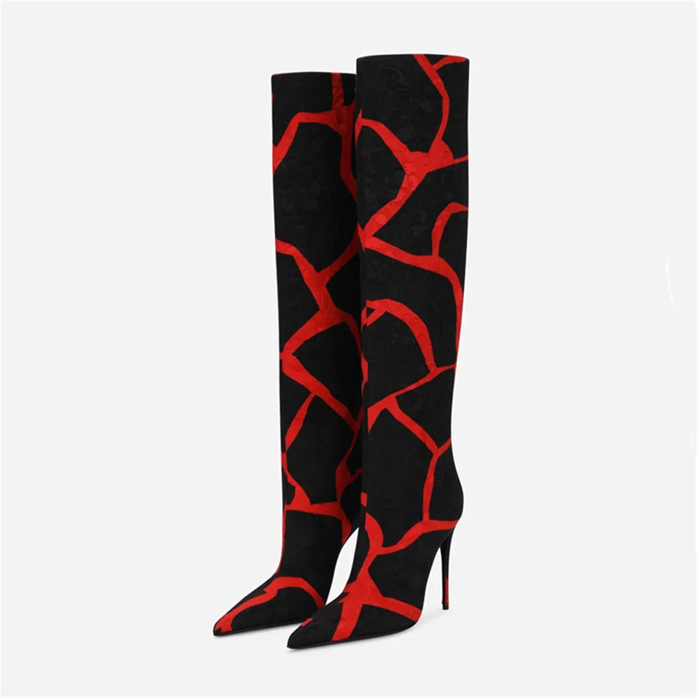 

Leopard Print Pointed Toe Stiletto Knee-High Boots Woman Winter 2024 Slip-On Zebra Print Long Boots Sexy Shoes for Women