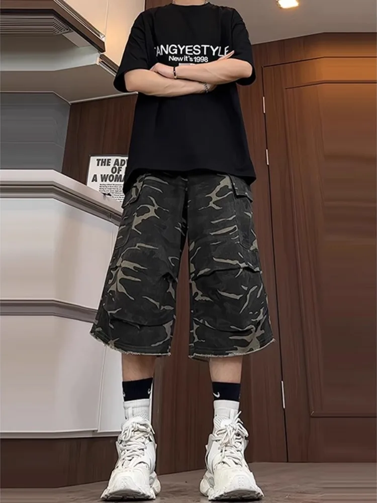 

Camouflage Seven-Foot Men's Denim Shorts Summer American Retro Hiphop Workwear Pants Knee-Length Six-Foot Trousers