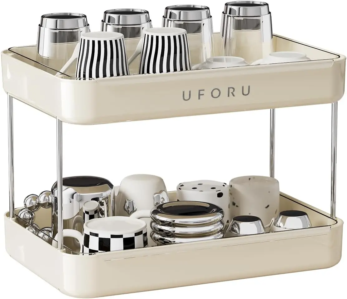 

2-Tier Countertop Organizer with Removable Drain Tray for Kitchen and Bathroom in Cream White