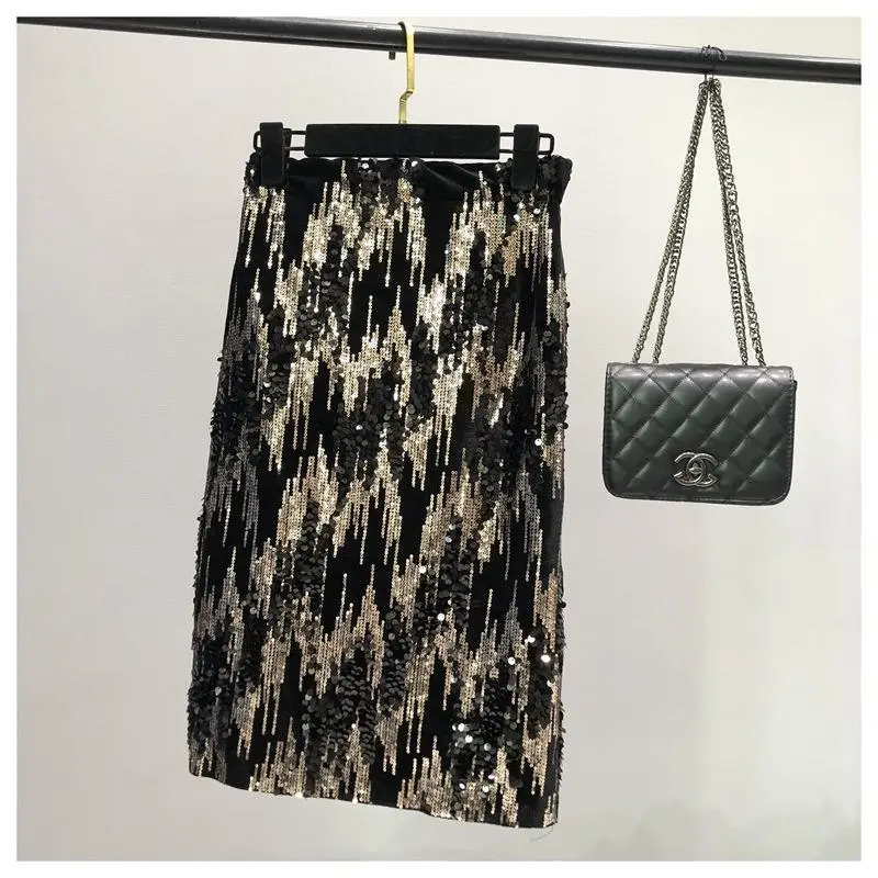 Spring new women's sequined skirt high waist thin medium and long knee skirt sparkling bead elastic waist skirt