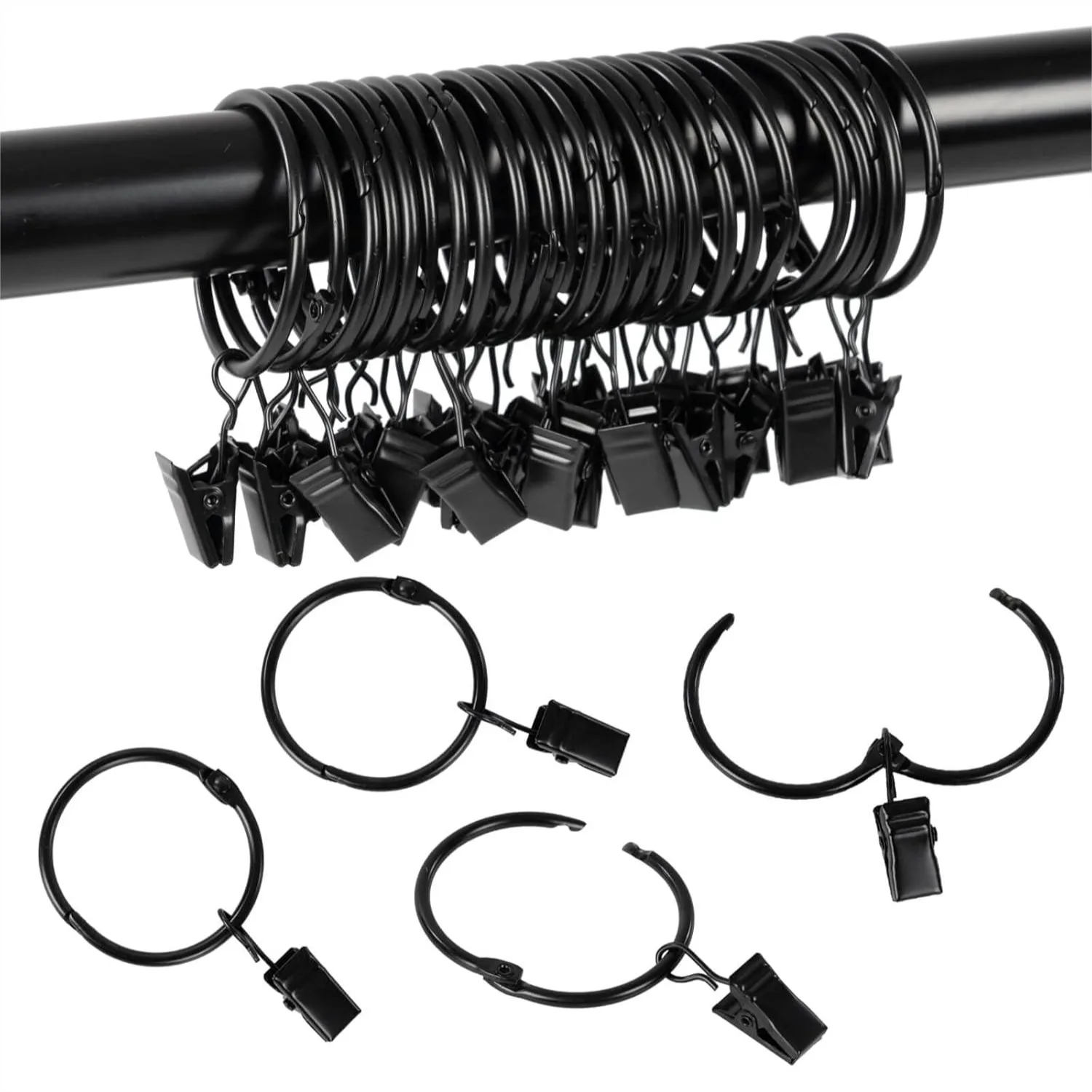 

Openable Curtain Rings with Clips, 1 Inch Inner Diameter, Heavy Duty Rustproof Metal Vintage Drapery Rings for Rods, Black