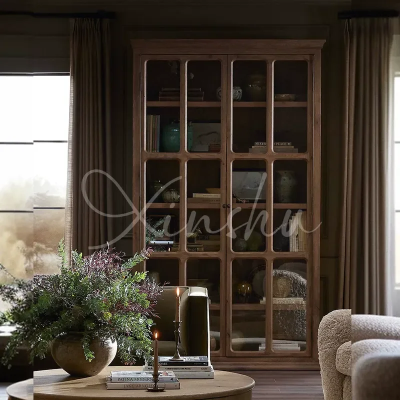 Solid Wood Bookcase Large Living Room Display Cabinet Retro Study Wall Shelf Glass Door Storage Unit for Home Office