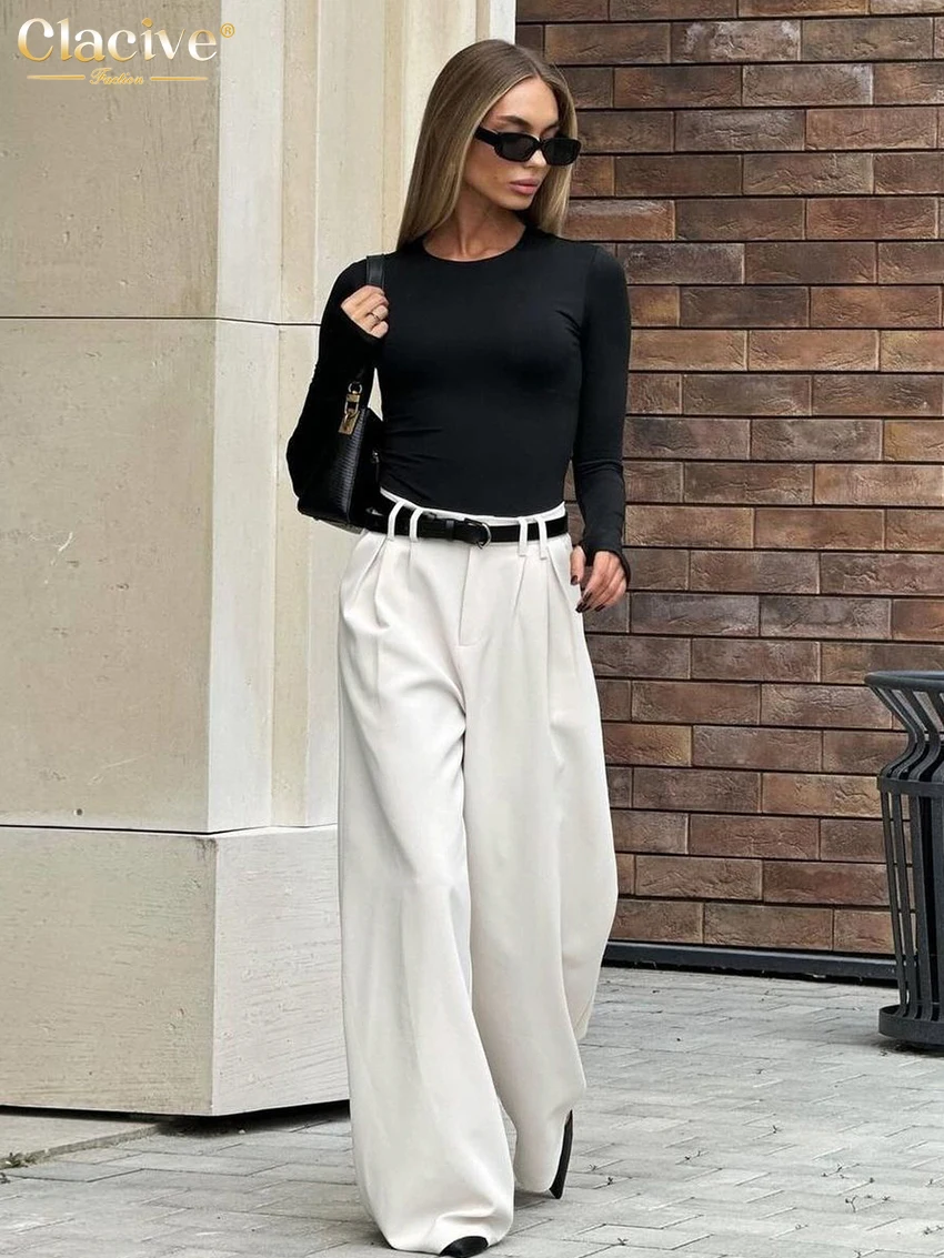 Clacive mode ample blanc bureau femmes pantalon 2025 décontracté taille haute pantalon large élégant pleine longueur pantalon femme Cltohing