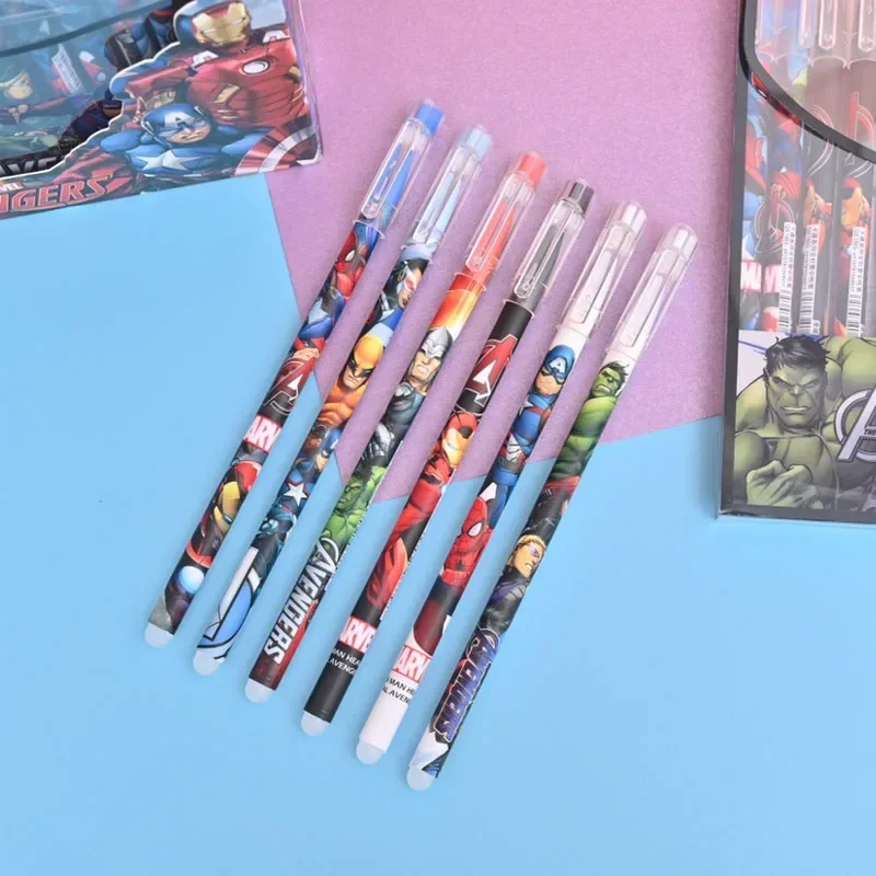 6PCS Anime Marvel Avengers Spider Man Gel Pen 0.5mm School Stationery Supplies Cartoon Superhero Series Student Pen Boys Gifts