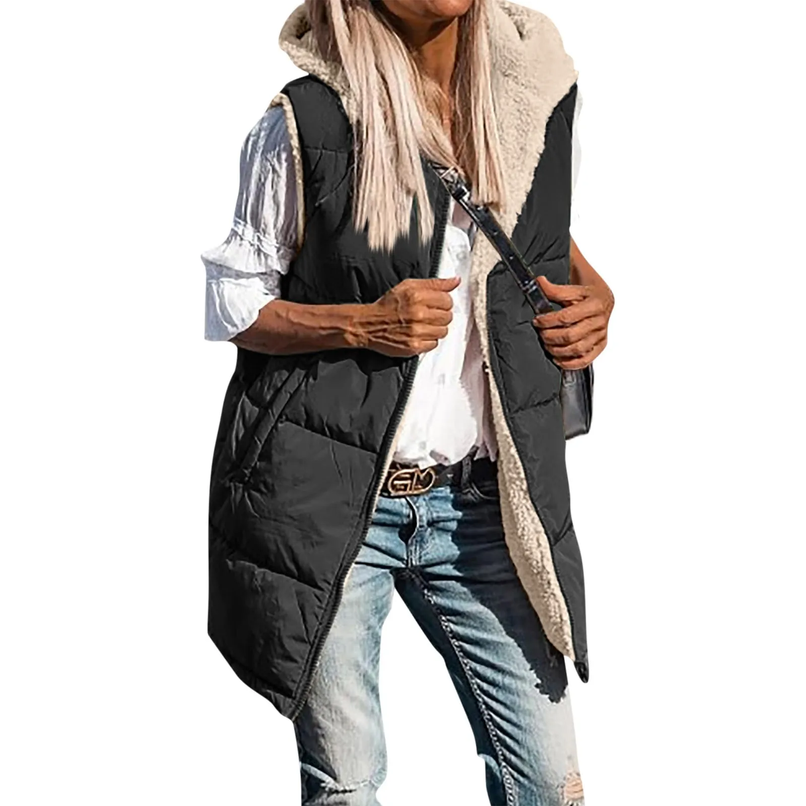 

Women Midi Long Waistcoats Warm Winter Sleeveless Hoodie Zipper Loose Overcoats Female Solid Vests Outwear