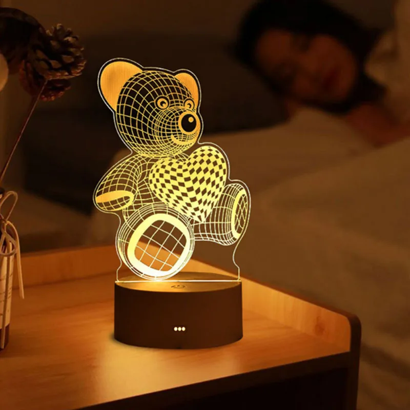 Lámpara de oso creativa 3D, luces LED de noche acrílicas USB, adornos navideños para el hogar, dormitorio, decoración de cumpleaños, regalos de boda