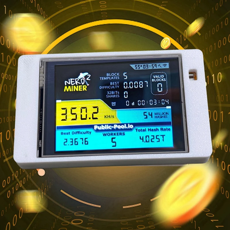A03F for NerdMiner V2 355KH/S BTC for Solo Mining Device Upgraded Hashrate 2.8 Inch Smart Display Bitcoin Crypto Lottery Miner