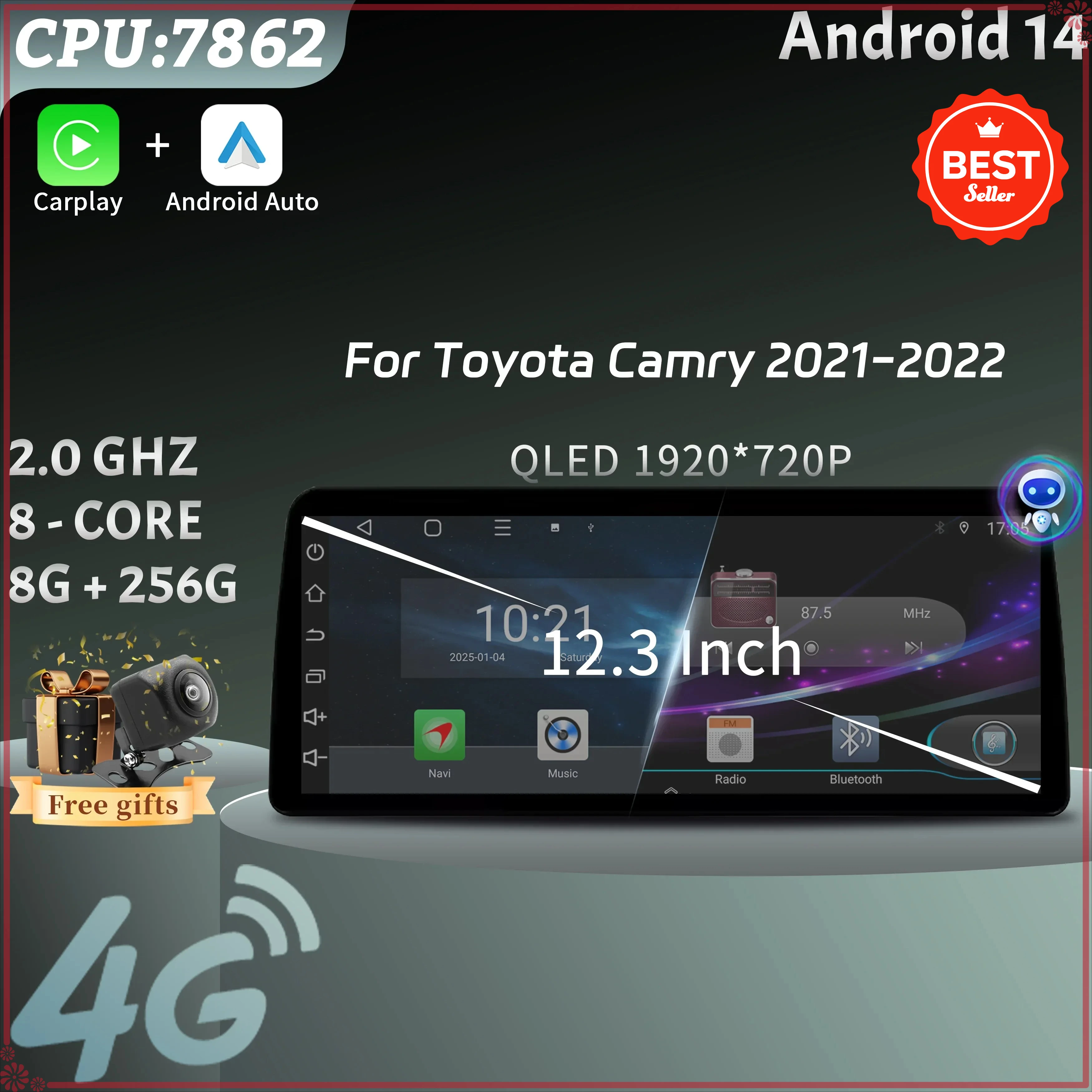 12.3inch Car Radio Multimedia Android 14 4G GPS Navigation Wireless BT Carplay Head Unit Touch Screen For Toyota Camry 2021-2022