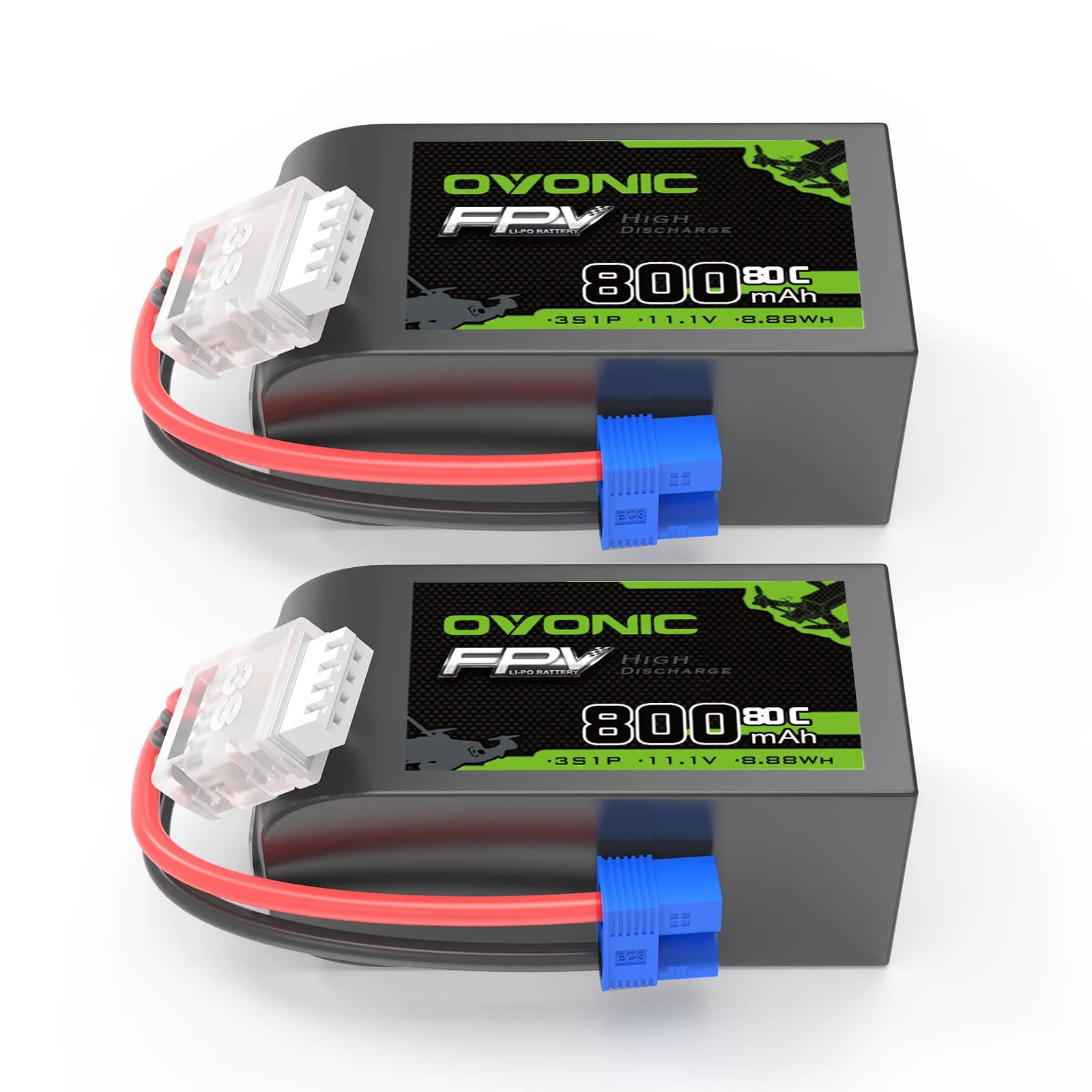 OVONIC 3S LiPo Battery 11.1V 800mAh 80C High Discharge Soft‑Case 2‑Pack with EC2 Plug for Micro FPV Drone Tinywhoop Cinewhoop Quadcopters
