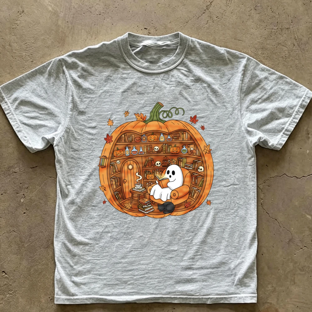 Cute Ghost Reading Book Pumpkin Library Halloween T‑Shirt Fall Autumn Maple Leaf Cat Witch Potion Graphic Cotton Tee Casual Tops