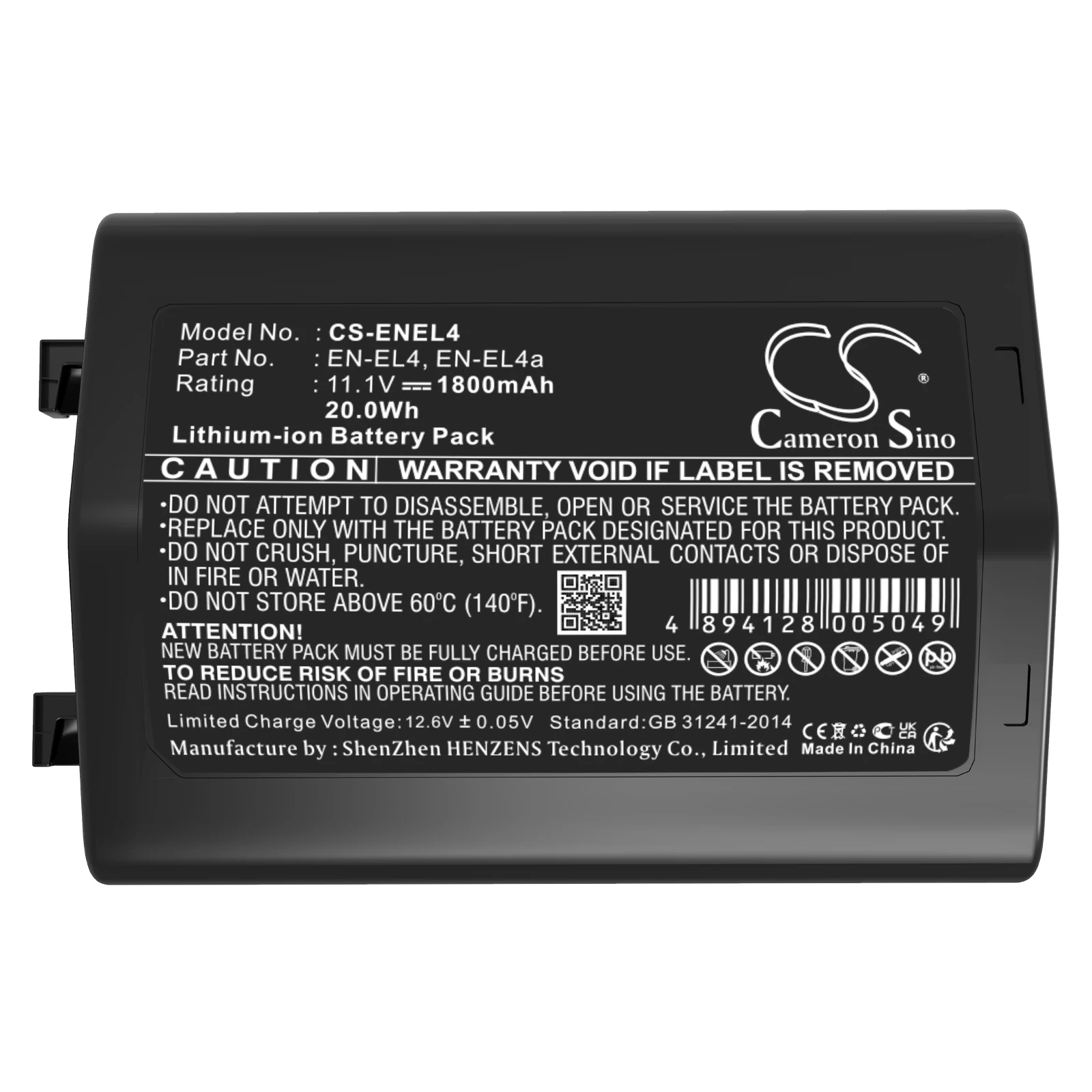 Camera Battery 11.1V/1800mAh EN-EL4, EN-EL4a, EN-EL4e for NIKON D2H, D2Hs, D2X, D2Xs, D3, D3X, D3S, F6