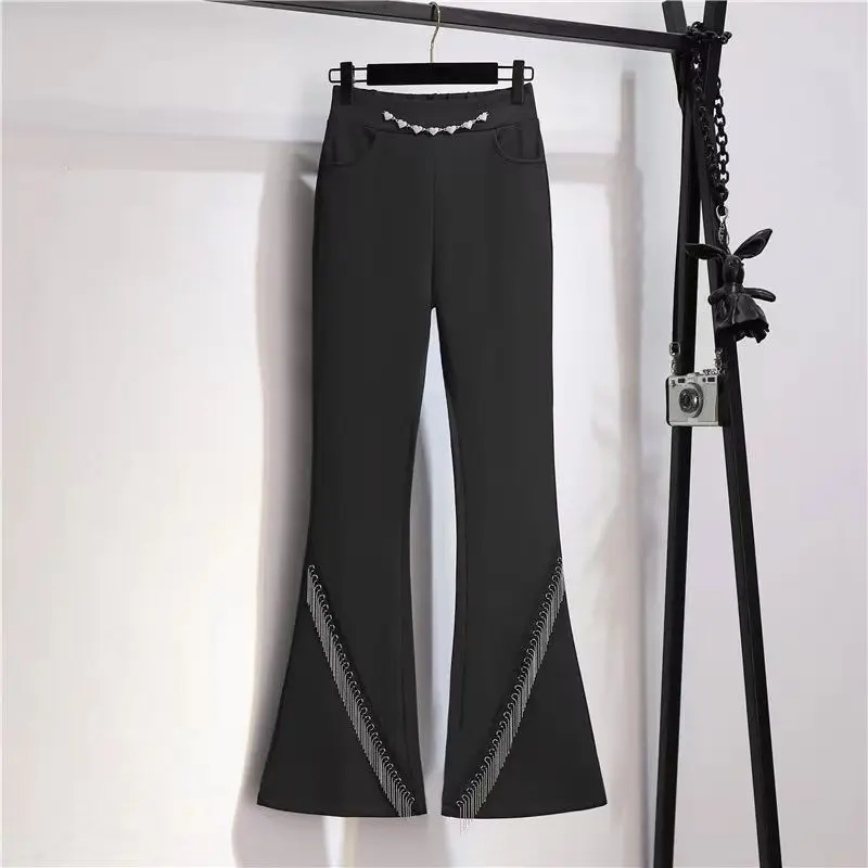 

Simplicity Fashion Autumn Winter Flare Pants Women Solid Tassel Pockets Elastic High Waist Plus Velvet Slim Wide Leg Trousers