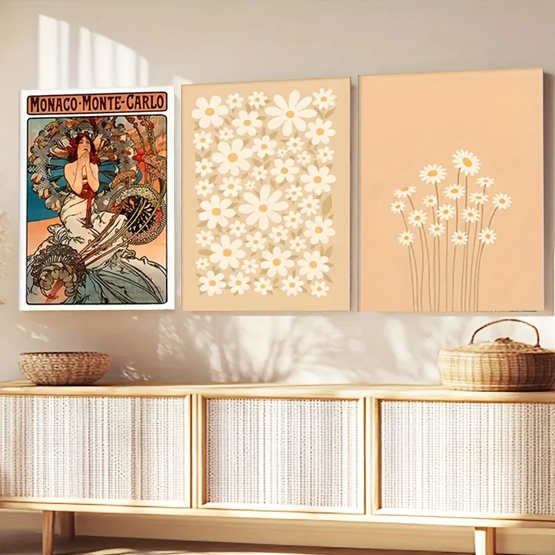 2D Flat, 3pcs Decorative Canvas Art Set, 2D Frameless High-Quality Prints - Modern Floral Wall Paintings with Soft Beige Backgro