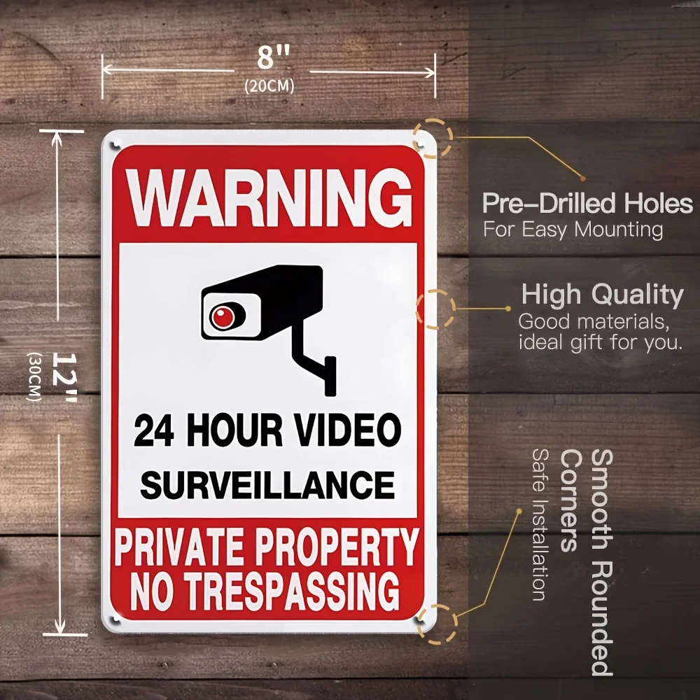 Set 24 Hour Video Surveillance Warning Signs, Metal Tin Wall Art for Private Property, No Trespassing Decor Plaques for Hom