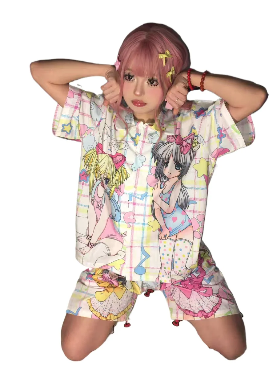 

Korejepo Girls Instagram Japanese Internet Celebrity Sleepwear Women Summer New Cute Cartoon Thin Short Sleeved Home Suit Set