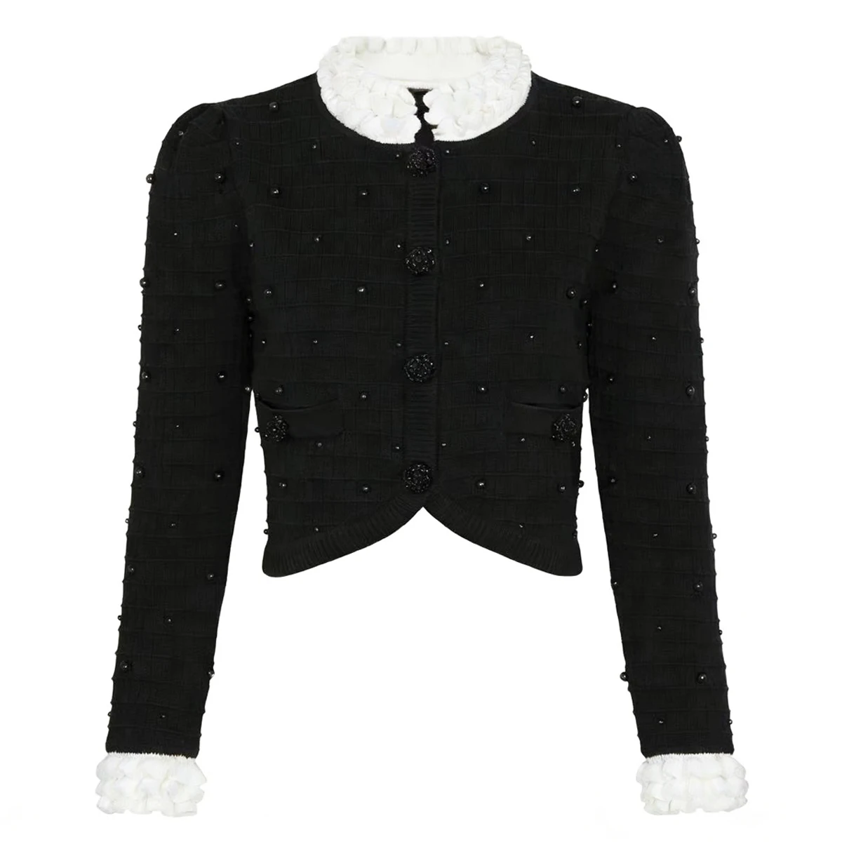 

2652 High Quality Spring And Autumn New Heavy Industry Nail Bead Fungus Collar Long Sleeved Knitted Cardigan Top For Women