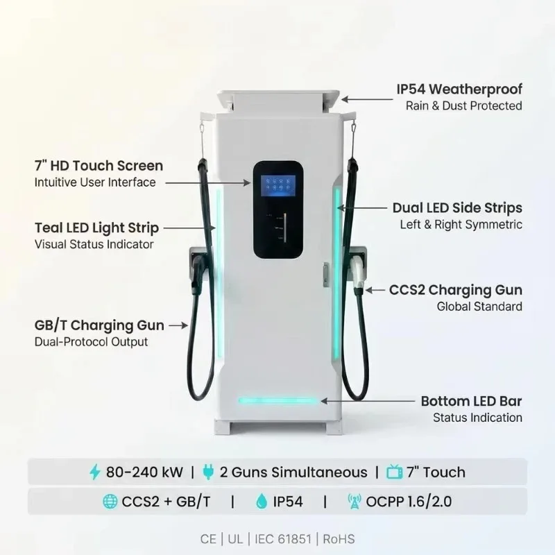 240KW EV Charging Station 2 Guns 7 Inch Touch Screen LED Light Strip