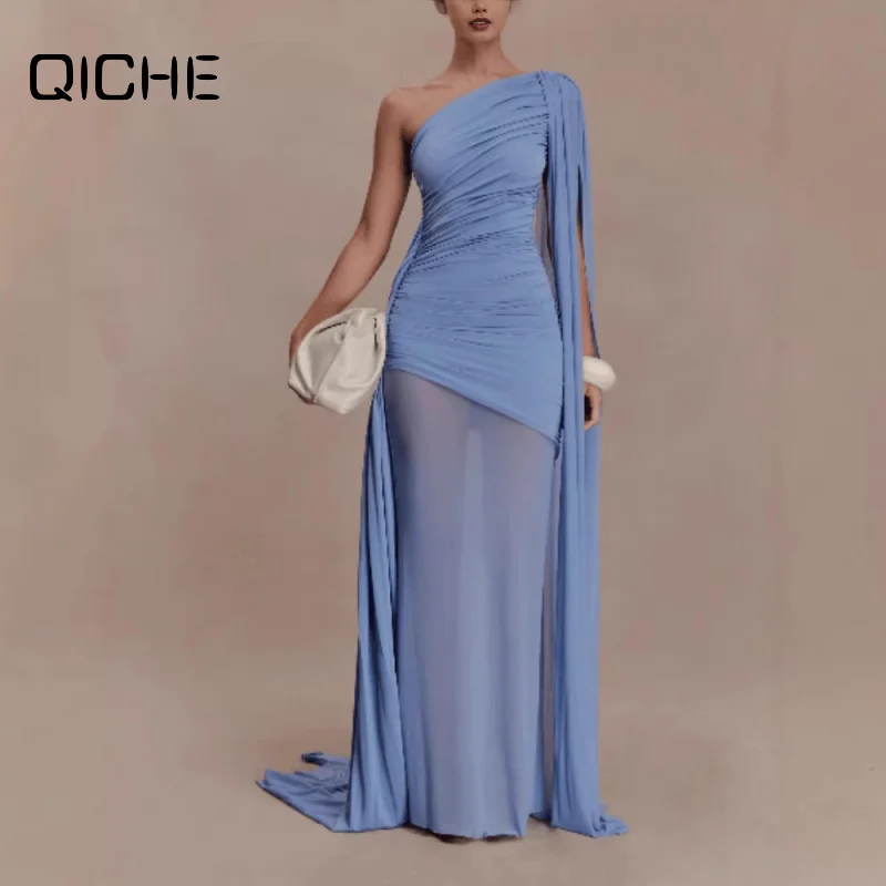 QICHE European American Women One‑Shoulder Cape Party Dress Mesh Spliced Design Slim Fit Elegant Formal Evening Maxi Gown
