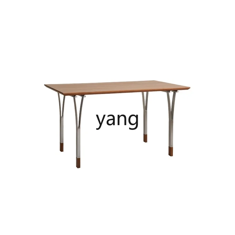 Yjq Dining Table Retro Small Apartment Rectangular Stainless Steel Teak Solid Wood Mid-Ancient Minimalist Home