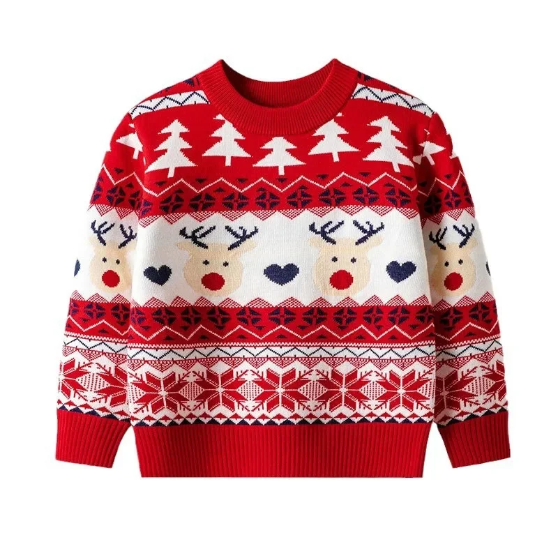

Kids Casual Cartoon Elk Jacquard Christmas Warm Knitted Crew Neck Pullover Sweater Baby Boys Girls Autumn Winter Xmas Sweaters