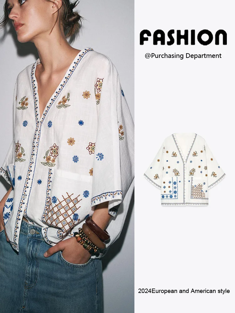 

Spring New Arrival Women's Casual Comfortable Long Sve Embroidered V-Ne irt Versatile Sle Ethnic Stage Costume