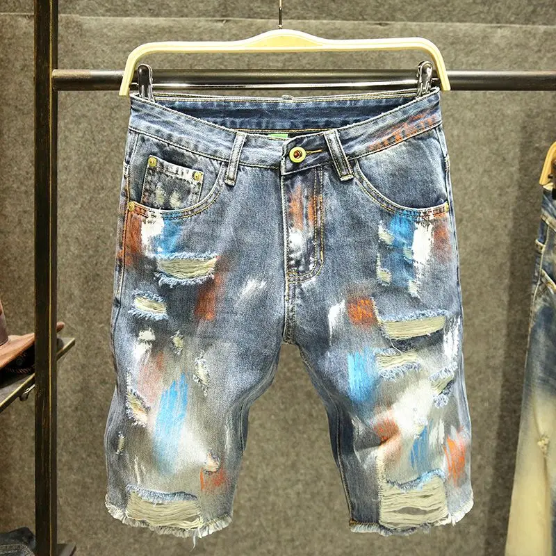 New Summer Trendy Graffiti Printed Ripped Slim-fitting Small Feet Elastic Denim Shorts Pants Breeches Designer Men's Jeans