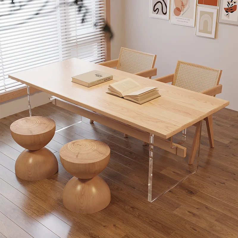 Solid wood dining table Nordic acrylic transparent eating Household living room long Log color simple dining a
