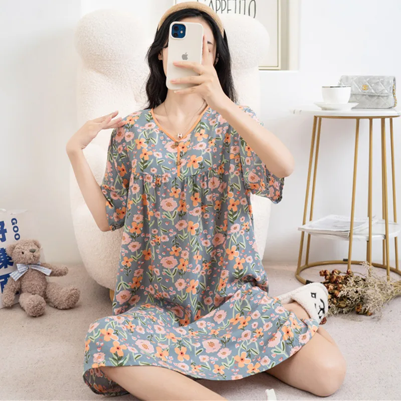 

Cotton Rayon Sleep Dress Nightdress For Women Spring Summer Short Sleeve Printed Home Clothing New Large Size Ladies Nightgowns