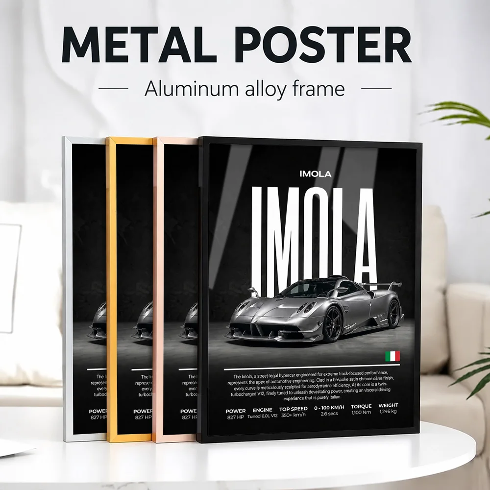 Sleek Silver Car Imola Hypercar Metal Poster With Aluminum Alloy Frame Personalized Photo Dynamic Style Wall Art For Man Cave