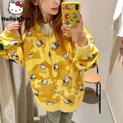 Sanrio Hello Kitty Cute Full Print Yellow Hooded Sweatshirt Women Spring Autumn Fashion Loose Hoodies Japanese Style Kawaii Coat