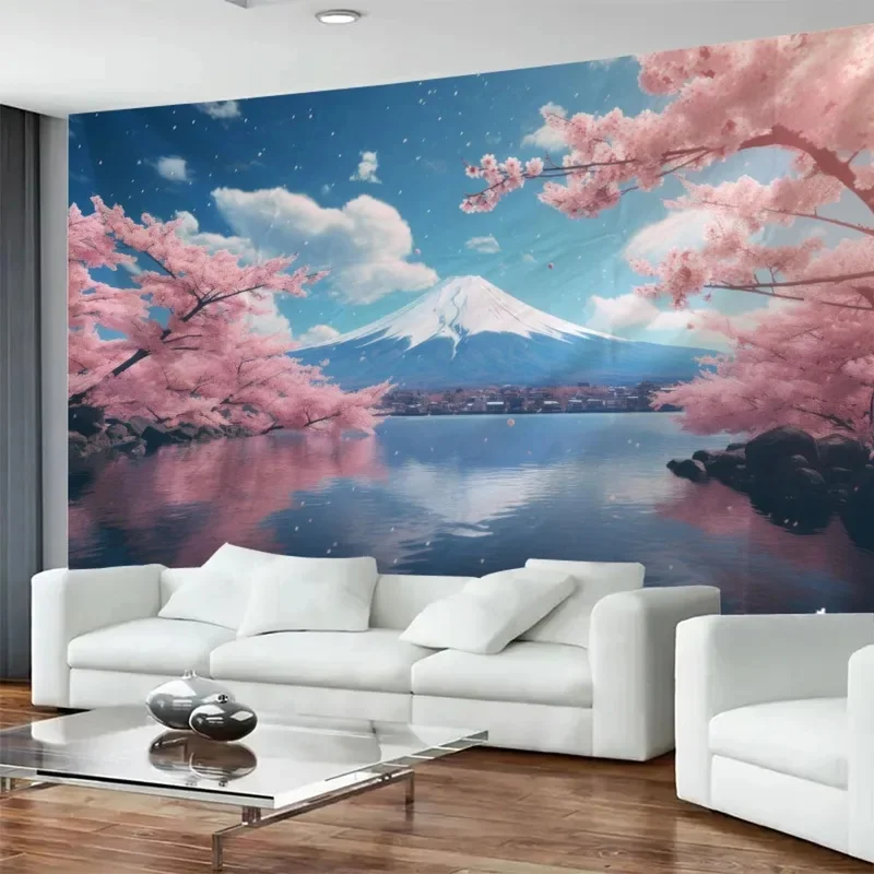 VIKAMA Mount Fuji Tapestry Cherry Blossom Lake Reflection Japanese Nature Scenery Wall Hanging for Bedroom Home Decor