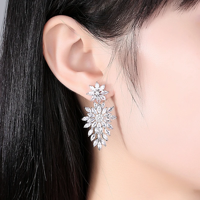 LUOTEEMI Clear Marquise Cut Cluster Flower Zirconia Crystal Long Dangle Drop Earring Shiny Leaf Bridal Wedding Jewelry for Women