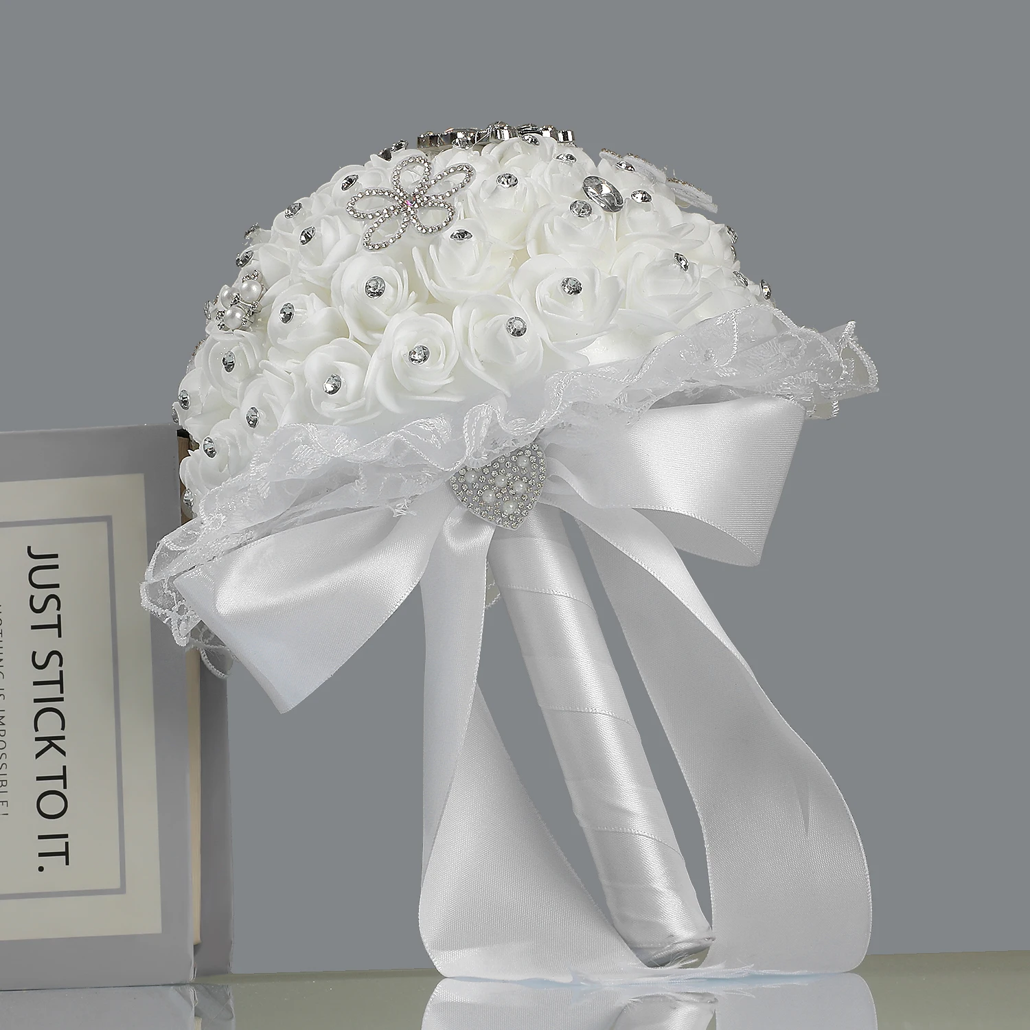 White Foam Rose Bridal Bouquet with Rhinestone Flower Ornaments, Lace Trim and Long Satin Streamer Handle image 3
