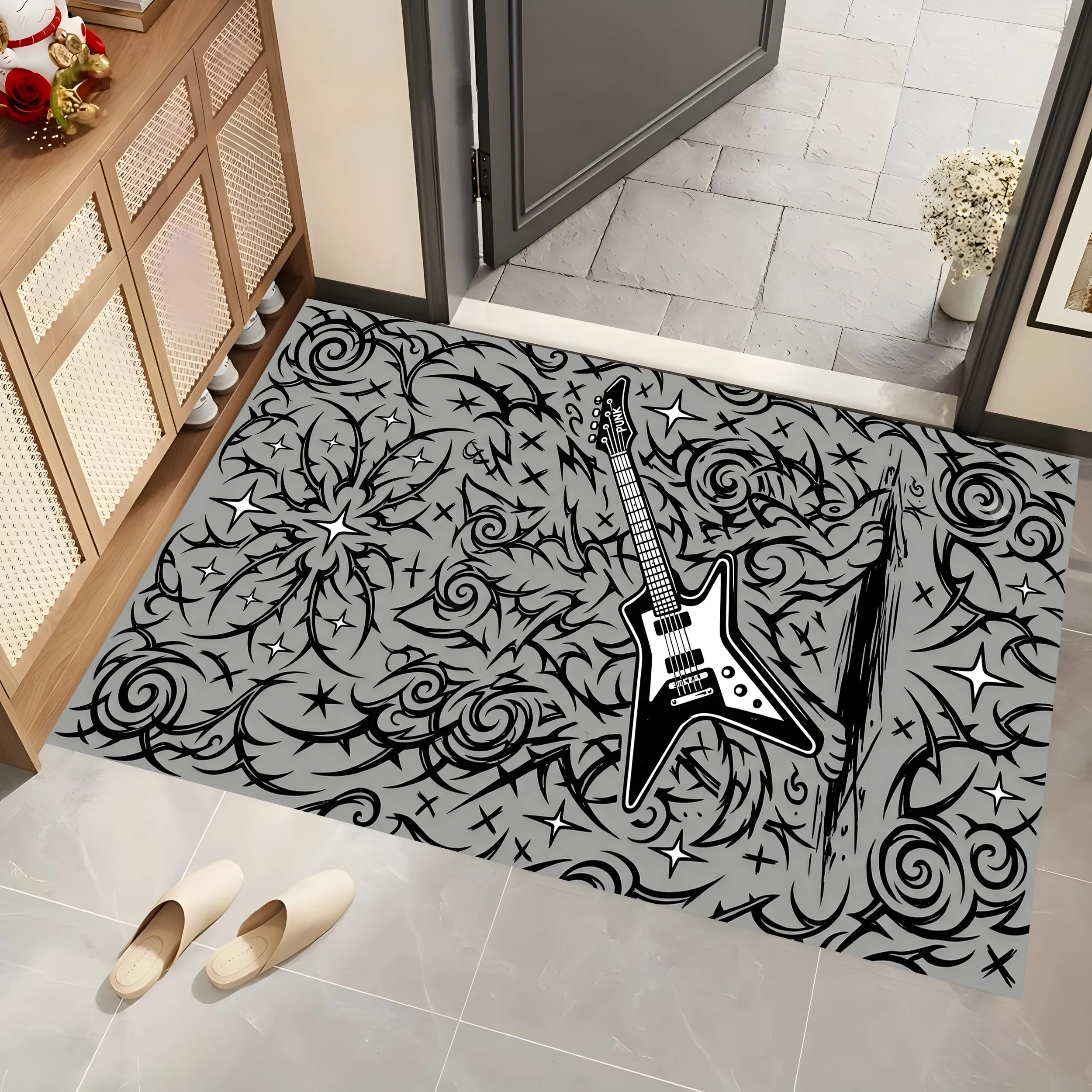 Large Area Rug Black White Electric Guitar Print Soft Velvet Living Room Gaming Room Bedroom Home Decor Area Rug