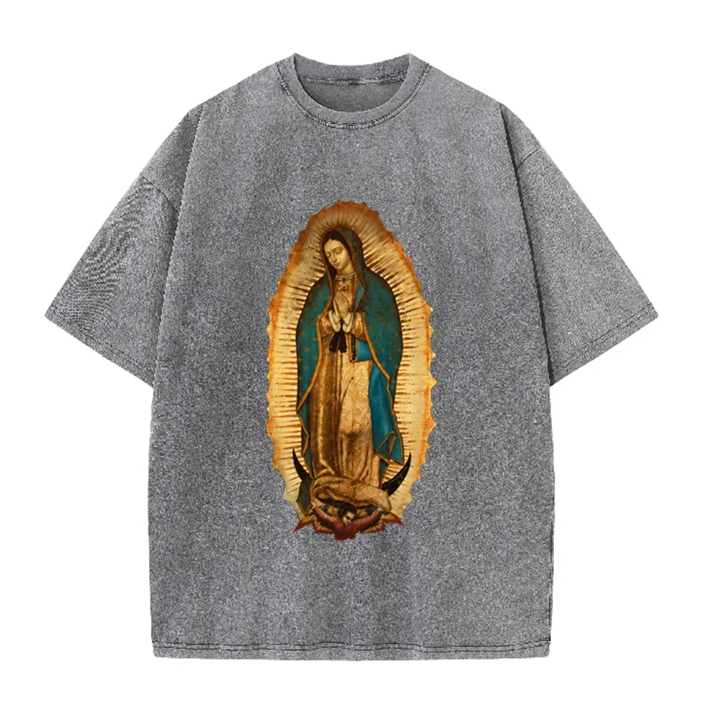 2026 Vintage Washed Black Our Lady of Guadalupe Graphic T Shirt Retro Religious Portrait Oversized Casual Short Sleeve Tee